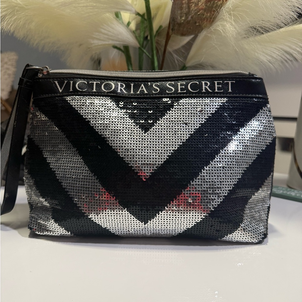 Victoria's Secret Black and Silver Chevron Cosmetic Bag